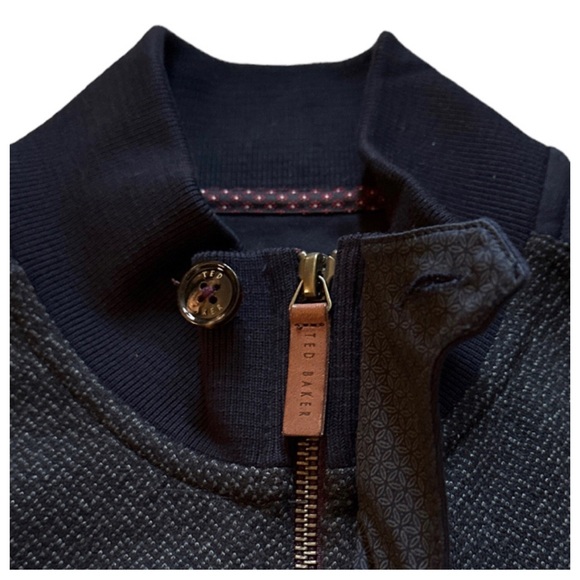 TED BAKER LONDON FULL ZIP MEN’S COTTON BOMBER STYLE KNITWEAR JACKET NAVY GRAY - Picture 2 of 12